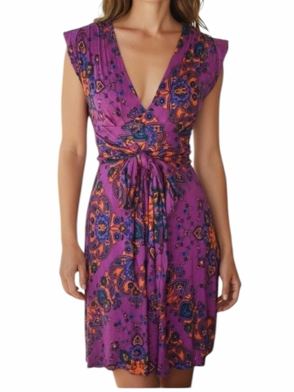 NWOT Free People Mixed Print V Neck Sleeveless Waist Tie Mini Dress